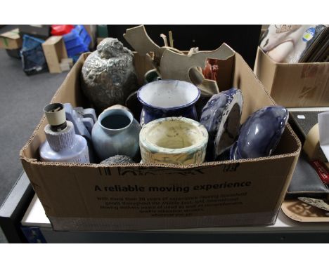 A box of studio pottery items including vases, wall masks, lamp base etc 