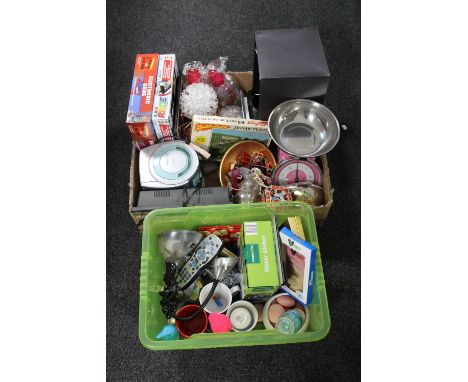 A box and a crate of games, kitchen scales, Goodman hifi, Yankee candles etc 