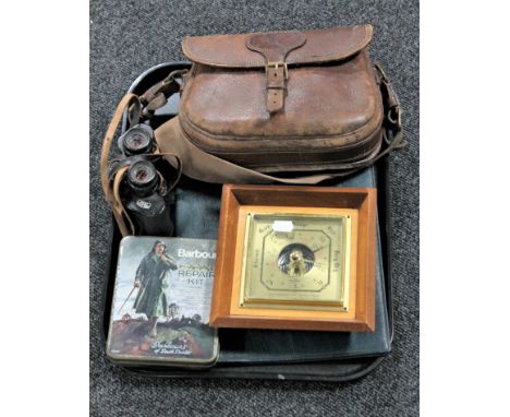 A tray containing a vintage Barbour repair kit in tin, antique leather fishing bag, mahogany cased barometer, Carl Zeiss Jena