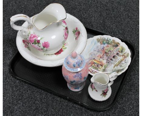 A tray containing a Royal Osborne wall plate, Chelsea China pink rose wash jug and basin with similar milk jug and an orienta