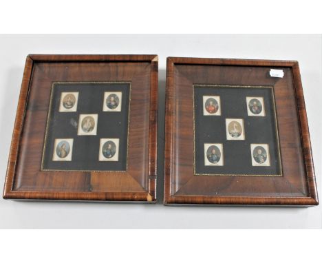 A pair of Victorian rosewood frames containing portrait miniatures of the Allied sovereigns and their commanders of their for