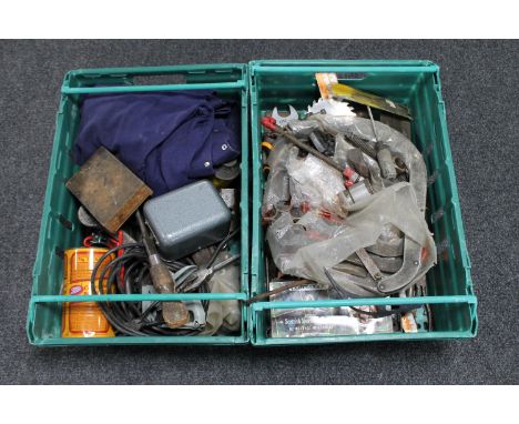 Two crates of hand tools, nails, overall etc 
