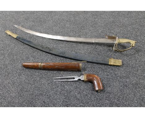 An Indian sword in scabbard together with a set of Indian servers in a carved hardwood sheath 