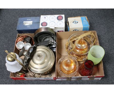 Three boxed sets of drinking glasses, two further boxes of glassware, plated items, copper jelly moulds, table lamp with glas