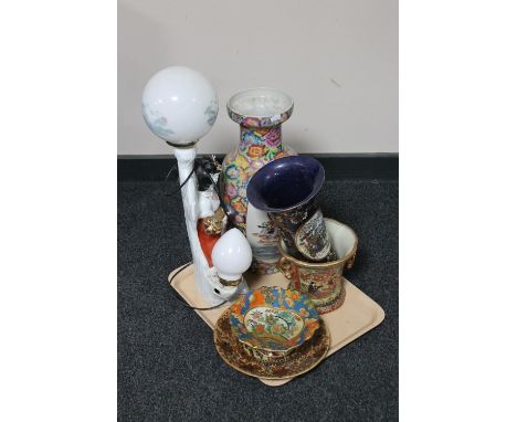 A tray of Geisha table lamp with glass shade, five pieces of Japanese pottery, three vases, plate and comport 