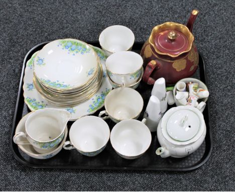 A tray of twenty-one piece tea service, collection of thimbles, antique Empire Works teapot and basin etc 