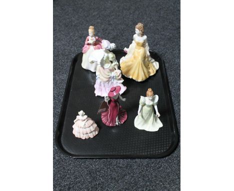 A tray of six china figurines to include Royal Worcester Golden Moments wedding anniversary figure, Leonardo Collection Debut