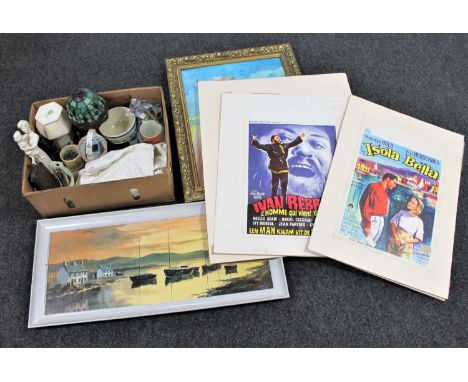 A box of Tiffany style table lamp, assorted china, vintage tins, car tax disc, two framed oils and four French film posters o