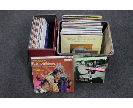 A record case and crate containing assorted records including jazz and classical, on HMV and Decca labels 