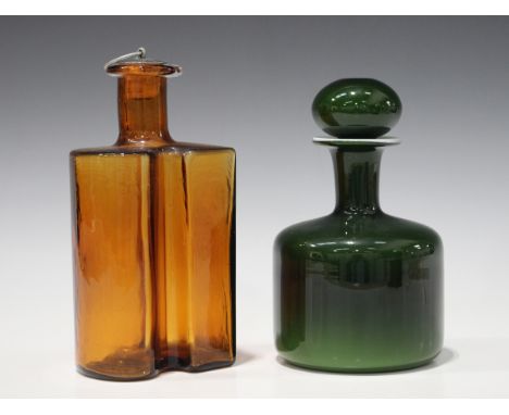 A Holmegaard green cased white opaque decanter bottle and stopper, 1980s, designed by Michael Bang, engraved marks to base, h