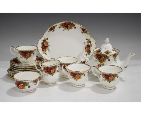 A Royal Albert Old Country Roses pattern part tea service, comprising teapot and cover, milk jug, sugar bowl, four teacups, s