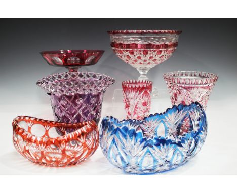 A mixed group of cut flashed glass, 20th century, comprising a cranberry flashed footed circular bowl, height 21cm, a blue fl