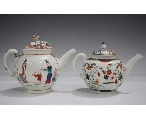 A Worcester teapot and cover, circa 1775, painted with gilt enriched Imari floral decoration to the globular body, the cover 