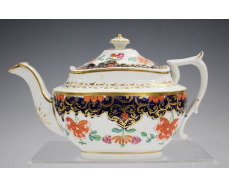 A Swansea porcelain teapot and cover, circa 1814-26, decorated in pattern No. 223, with gilt enriched flowers pendant from a 