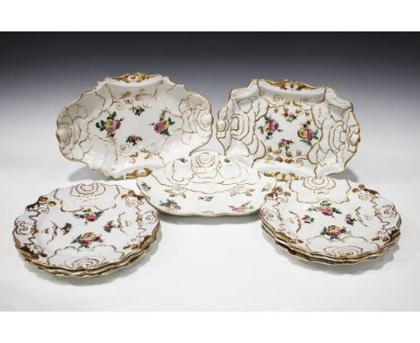 A Mason's Ironstone part dessert service, circa 1815, moulded with gilt enriched leaves and fruit berries, decorated with sca