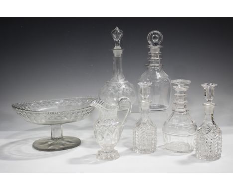 A set of four cut glass boat shaped salts with lemon squeezer bases, 19th century, height 7.3cm, together with a group of ass