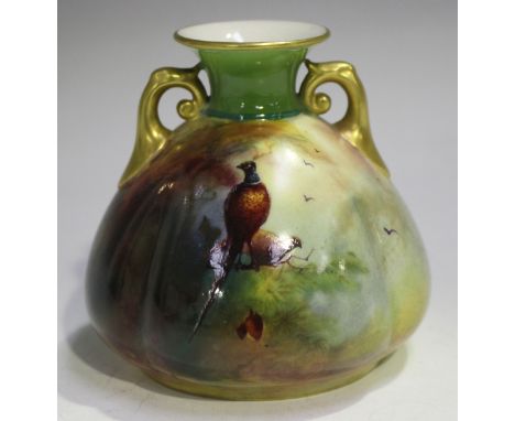 A Royal Worcester porcelain two-handled squat vase, circa 1910, painted by Ambrose Hood, signed, with a male and female pheas