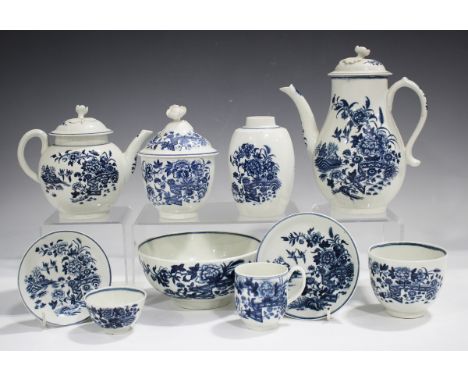 A mixed group of Worcester and Caughley blue printed Fence pattern wares, circa 1770-80, comprising pear shaped coffee pot an