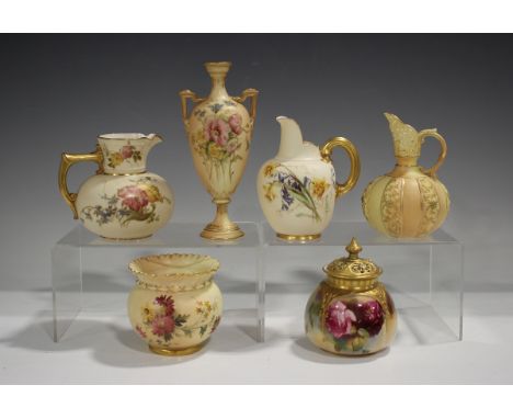 Five pieces of Royal Worcester blush ivory, comprising a lobed jar with pierced cover painted with roses, circa 1922, height 