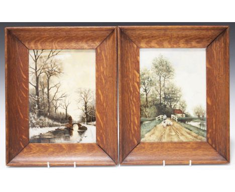 A pair of Rozenburg porcelain rectangular tile panels, circa 1900, painted after Fredericus Jacobus van Rossum du Chattel wit