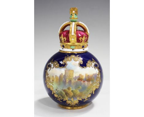 A Royal Worcester George V Coronation porcelain jar and cover, circa 1911, the bulbous body painted by Raymond Rushton, signe