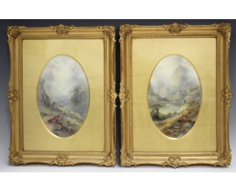 A pair of Royal Worcester porcelain oval plaques, circa 1919, painted by John Stinton, signed, one painted with a scene of Hi