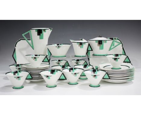 An Art Deco Shelley Vogue shape Green Block pattern part service, circa 1930, designed by Eric Slater, comprising two large p