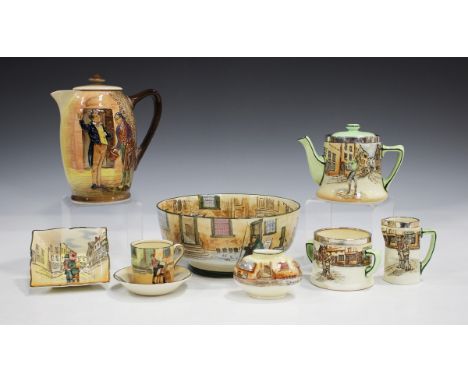 A large mixed group of Royal Doulton Dickens Series Ware, including a silver mounted three-piece tea service, a Fat Boy and P