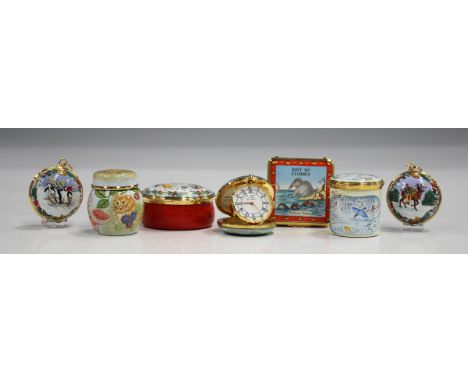 Six pieces of Halcyon Days Enamels, comprising a limited edition Rudyard Kipling box, No. 46 of 250, with certificate, a Winn