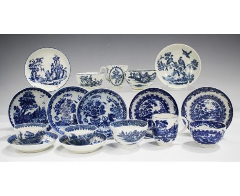 A mixed group of Worcester and Caughley teabowls, saucers and coffee cups, circa 1765-80, including a Bell Toy saucer and Mot