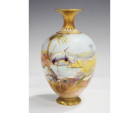 A Royal Worcester porcelain vase, circa 1910, painted by William Powell, signed, the ovoid body with a desert scene of two cr