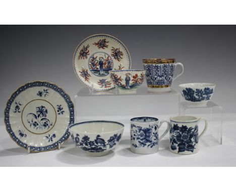 A Worcester teabowl and saucer, circa 1765-75, painted in underglaze blue with The Waiting Chinaman pattern, clobbered in iro
