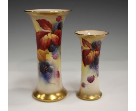 Two Royal Worcester beaker vases, dated 1931 and 1937, both painted by K. Blake, signed, with berries, leaves and blossom, of