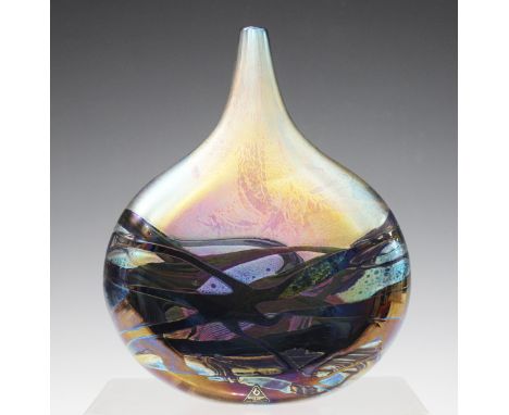 An Isle of Wight iridescent glass lollipop vase in the Nightscape pattern, by Michael Harris, of compressed globe and shaft f