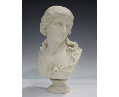 A Copeland Parian bust, titled 'Love', dated 1877, originally modelled by R. Monti, raised on a socle base, impressed and inc