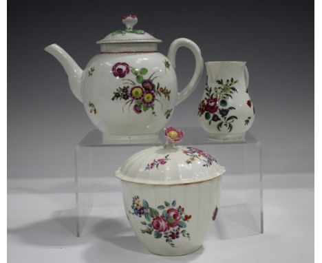 A Worcester teapot and cover, circa 1770, painted with Deutsche Blumen flowers (restored cover), together with a similar spar