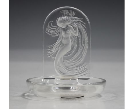 A Lalique Naiade design cendrier trinket dish, late 20th century, the frosted figure in an arched panel on a circular dished 