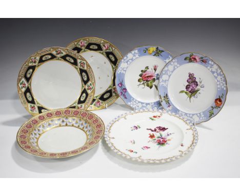 A mixed group of English porcelain, mostly plates, 19th century, including a pair of Spode in pattern No. 2004, painted to th