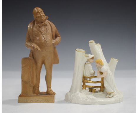 A Royal Worcester ivory glazed County Courtship spill vase group, dated 1882, modelled as two Kate Greenaway style children t