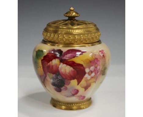 A Royal Worcester Randolph rose jar, liner and cover, dated 1942, painted by K. Blake, signed, the lobed bulbous body with be