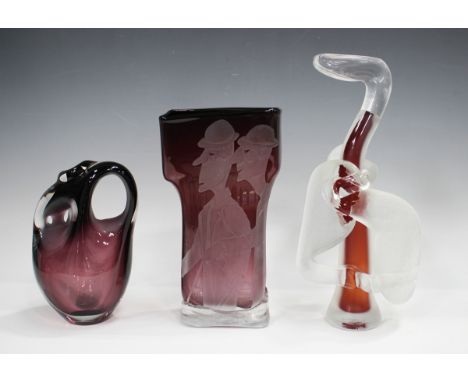 A Karlin Rushbrooke studio glass vase, late 20th century, titled 'Meeting', the ruby tinted rectangular body of abstract form