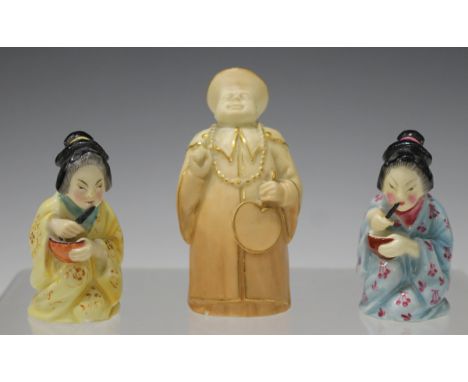 Three Royal Worcester candle snuffers, comprising two Japanese Girl, one with blue kimono, circa 1930, the other yellow, circ