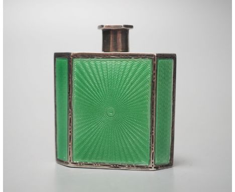 A 1930's silver and green enamel scent flask, bu Mappin &amp; Webb, 45mm.