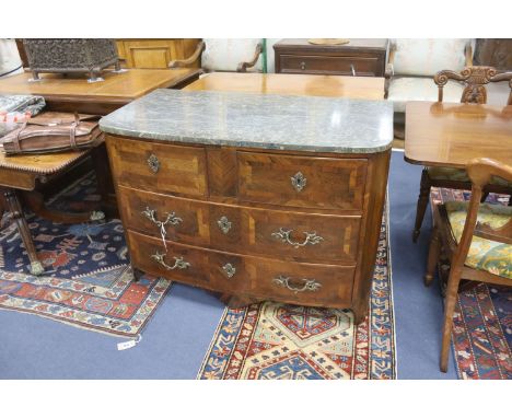 An 18th century French banded walnut marble topped bow front commode, width 112cm, depth 59cm, height 81cm
