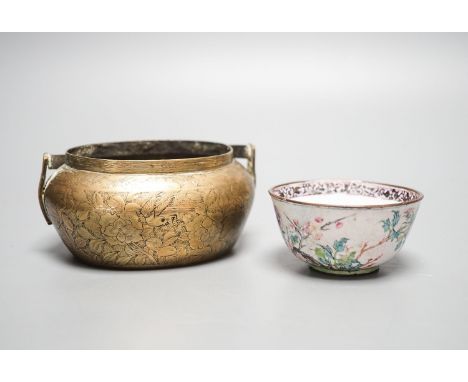 A Chinese bronze hand warmer, 11.3cm and an 18th century Chinese Canton enamel cup