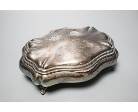 A 20th century Italian 800 standard white metal trinket box, once belonging to Arabella Churchill, 22cm.