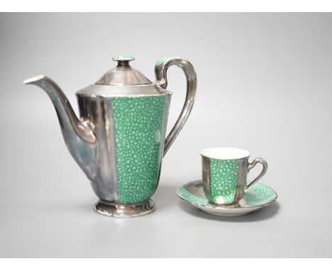 An Art Deco faux shagreen and silver lustre part tea set