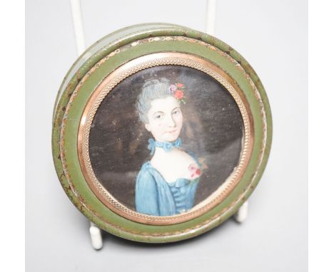 An early 19th century portrait miniature inset green japanned box,  8.3cm diameter