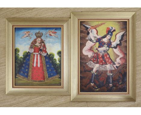 Cuzco School, two oils on board, Saint and the devil and Portrait of a Queen, 30 x 20cm and 24 x 20cm