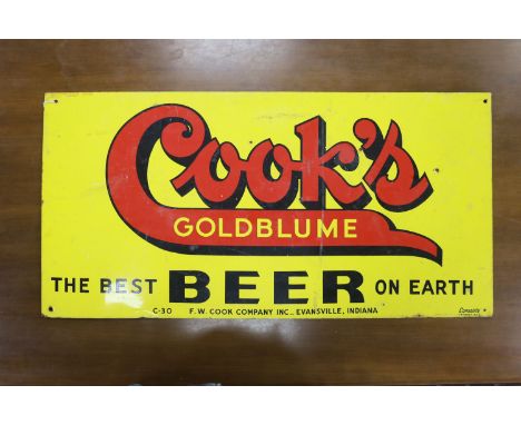 An American double sided enamel advertising sign "Cook's Goldblume Beer", 71 x 36cm
